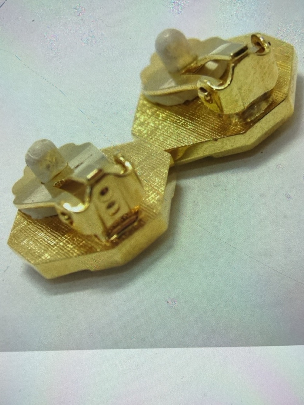 YSL Yves Saint Laurent Gold-Tone Octagon Logo Clip Earrings with Silver Center - Picture 5 of 7